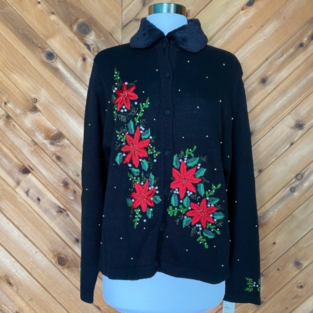 NWT Vintage Fur Collar Ugly Christmas Sweater Cardigan Poinsettia Victoria Jones